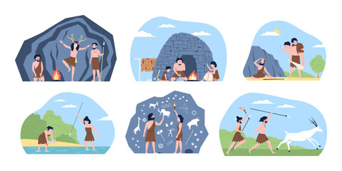 Prehistoric life scenes. Flat caveman friends and families. Neanderthal homo sapiens, hunters, male and female characters. Ancient recent vector set - obrazy, fototapety, plakaty