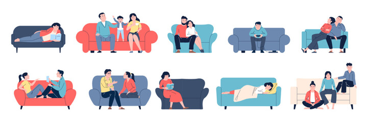 People resting at home. Person rest on couch or sofa, nice weekend at house. Man woman relaxing alone or with family and friends, recent vector scenes