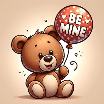 Teddy bear with a balloon and the inscription Be mine.  Valentine's day illustration.