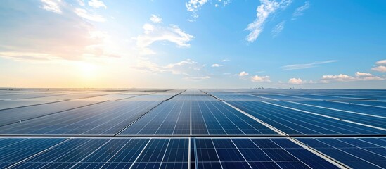 Blue solar panels on roof at solar farm.
