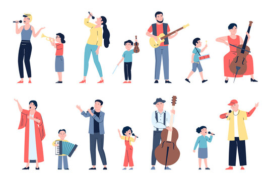 Different ages musicians. Children and adults play music instruments and sing. Musical lessons, creativity development recent vector characters