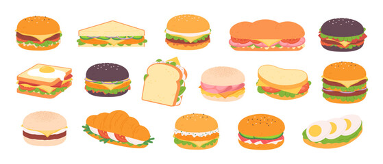 Different sandwiches and burgers. Fast food tasty elements, bar r restaurant menu. Sandwich with bacon, cheese, sauce and vegetables, racy vector set