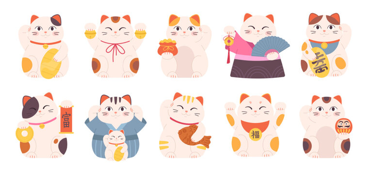 Isolated japanese neko cats. Traditional maneki cat or lucky oriental symbols. Good luck, asian symbol of wealth. Cute cartoon racy vector set