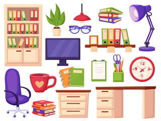 Office furniture and stationery. Modern cabinet or classroom equipment. Desk, work chair and bookshelf with paper folders, nowaday vector set