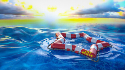 Rettungsring in Sternform treibt im Meer nach stürmischem Wetter bei Sonnenuntergang - Live Rescue - obrazy, fototapety, plakaty