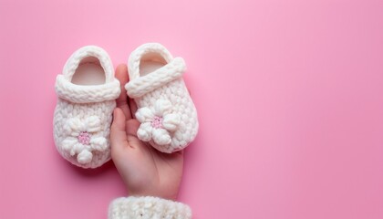 Textile slippers for baby girls in a feminine hand on pink background with copy space, Cute Baby Shoes for Kids on Pink Background