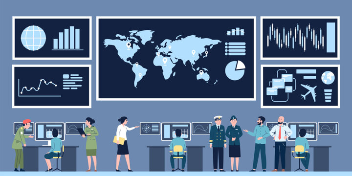 Command control center. Government digital service, military agency. Giant monitors with graphs and people in uniform, recent vector illustration