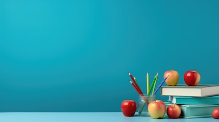 back to school concept background, Colored pencils with apples, copy space, minimalistic banner, 