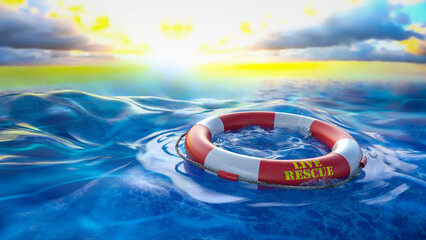 Rettungsring rund treibt im Meer nach stürmischem Wetter bei Sonnenuntergang - Live Rescue - obrazy, fototapety, plakaty