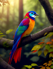 Naklejka premium colorful bird sits on a branch in the forest