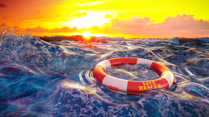 Rettungsring rund treibt in stürmischer See bei Sonnenuntergang - Live Rescue - obrazy, fototapety, plakaty