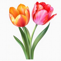 Naklejka premium Two tulips with green leaves on white background