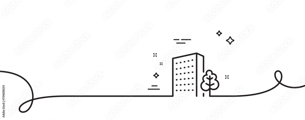 Poster buildings line icon. continuous one line with curl. city architecture with tree sign. skyscraper bui