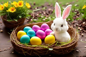 Easter bunny and colorful eggs in a basket on green grass.