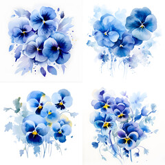 Watercolor navy blue flowers set