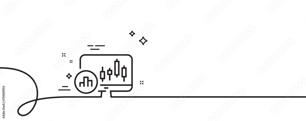 Poster candlestick chart line icon. continuous one line with curl. analytics graph sign. market analytics s
