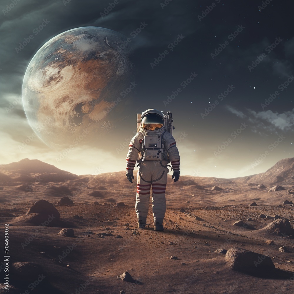 Poster astronaut in a spacesuit walking on the surface of a mars-like planet with the earth in the backgrou