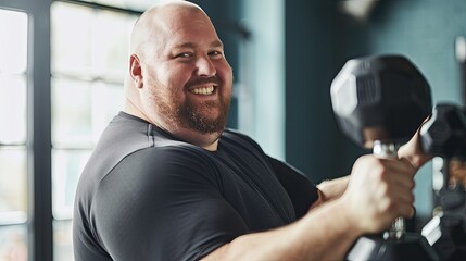 Fototapeta na wymiar Smiling overweight man training in the gym.