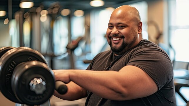 Smiling overweight man training in the gym.