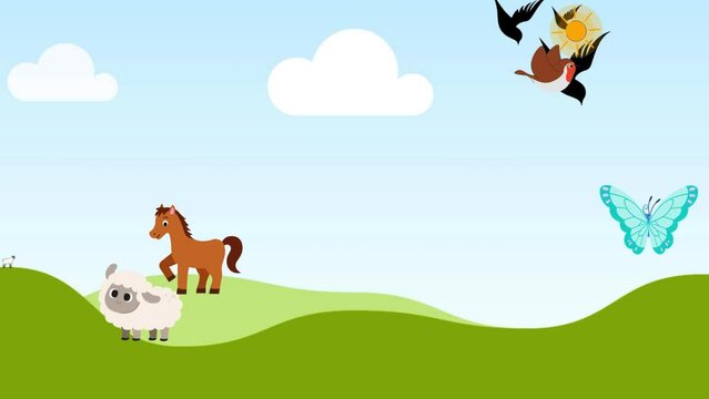 In a beautiful nature landscape there are happy sheep, horses and a view of flying birds and butterflies.