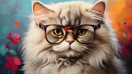 Portrait of a cartoon cat with glasses on colorful flower background. IA generativa
