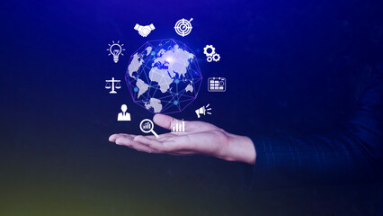 Businessman holding virtual Global Internet connection metaverse. Business global internet connection application technology and digital marketing, Financial and banking, Digital link tech, big data.
