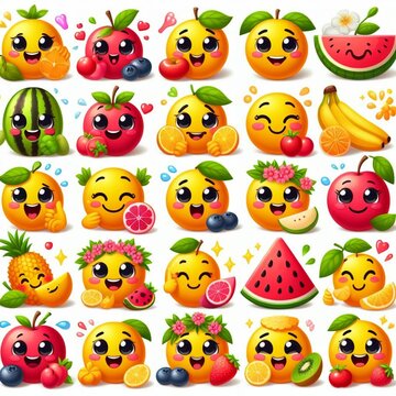 Emojis o emoticonos divertidos de frutas y verduras, alimentación sana