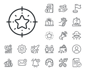 Star rating sign. Salaryman, gender equality and alert bell outline icons. Star target line icon. Best rank symbol. Star target line sign. Spy or profile placeholder icon. Vector