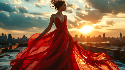 Portrait of a woman in dress - Urban Elegance: High Fashion Couture on a Rooftop Runway - obrazy, fototapety, plakaty