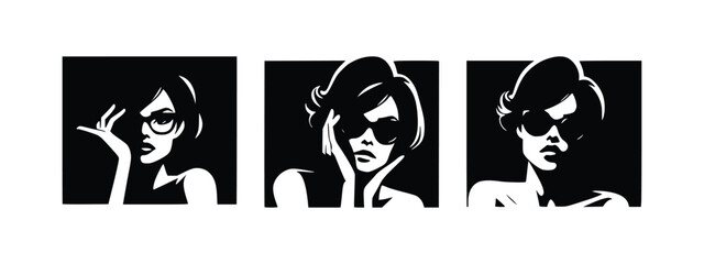 set of black and white of a woman in glasses . woman  illustration with different facial expression