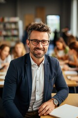 Fototapeta premium Confident male teacher sitting at his desk in classroom of students