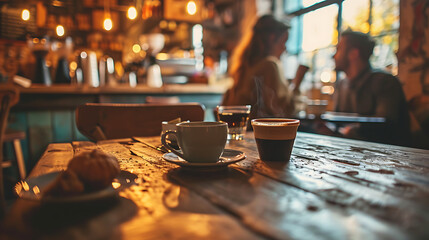 coffee cup on the table in a cafe with people drinking.  - obrazy, fototapety, plakaty