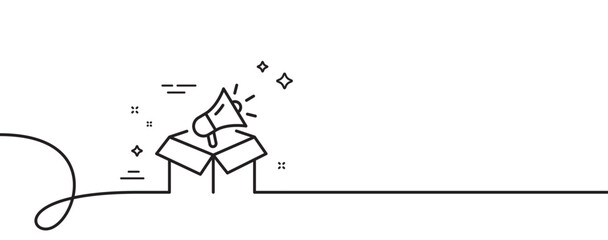 Megaphone box line icon. Continuous one line with curl. Advertisement device symbol. Brand ambassador sign. Megaphone box single outline ribbon. Loop curve pattern. Vector