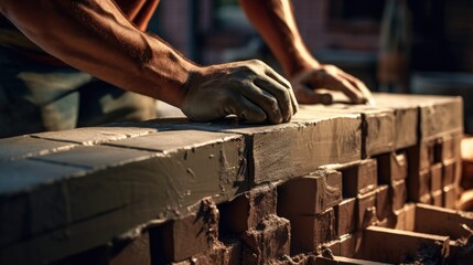 artistry of a dedicated worker as they lay bricks and cement, capturing the essence of craftsmanship in the construction industry - obrazy, fototapety, plakaty