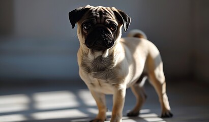 Pug dog standing up on a white background

