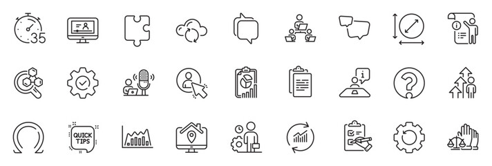 Icons pack as Circle area, Messenger and Online video line icons for app include Omega, Puzzle, Speech bubble outline thin icon web set. Clipboard, Checklist, Teamwork pictogram. Podcast. Vector