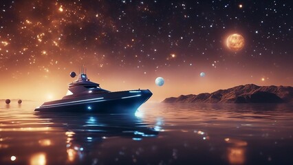 A fantasy sail boat in a sea of stars, with planets, comets,  . The boat is made of metal  