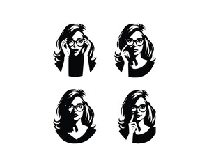 set of black and white of a woman in glasses . woman  illustration with different facial expression