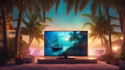 highly intricately detailed photograph of   Sail boat seen through palm trees   inside a plasma tv 