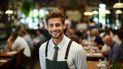 Confident waiter in a busy restaurant