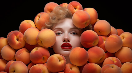 Sinnliches Portrait einer blonden Frau mit roten Lippen in einem Pfirsich-Haufen. Illustration mit schwarzem Hintergrund