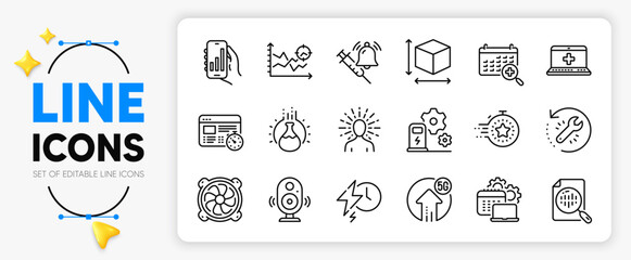 Vaccine announcement, Medical help and Timer line icons set for app include Web timer, 5g upload, Box size outline thin icon. Analytics chart, Analysis app, Seo analysis pictogram icon. Vector