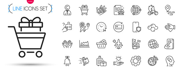 Pack of Cloud sync, Lease contract and Bell line icons. Include Trade chart, Place, Bike timer pictogram icons. Cogwheel, Depression treatment, Search puzzle signs. Inventory cart. Vector - obrazy, fototapety, plakaty