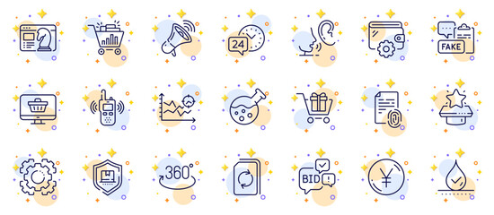 Outline set of Whisper, Wallet and Waterproof line icons for web app. Include Transmitter, Bid offer, Yen money pictogram icons. Web shop, Seo analysis, Full rotation signs. Vector