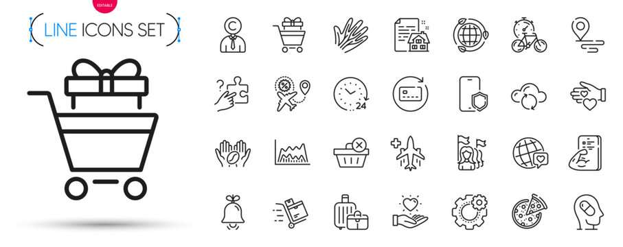 Pack of Cloud sync, Lease contract and Bell line icons. Include Trade chart, Place, Bike timer pictogram icons. Cogwheel, Depression treatment, Search puzzle signs. Inventory cart. Vector