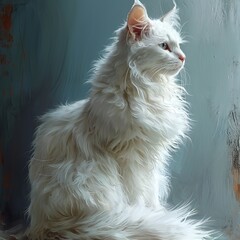 White fluffy cat sitting on a white background

