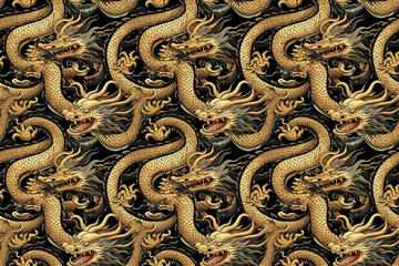 Golden dragons nade of intricate patterns on a black background