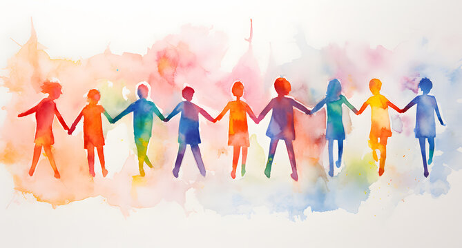 Group of people silhouettes standing in the style of raibow colorful watercolors