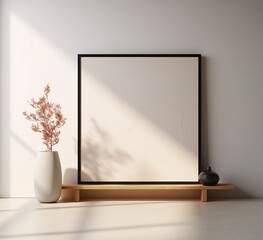 A minimalist room with a large blank frame, a plant, and a vase on a wooden shelf against a white wall