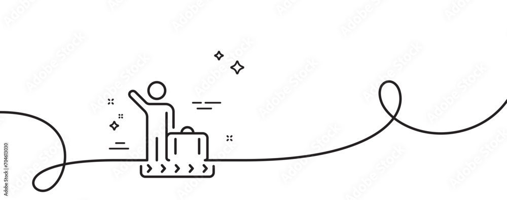 Poster luggage belt line icon. continuous one line with curl. suitcase bag sign. baggage claim symbol. lugg